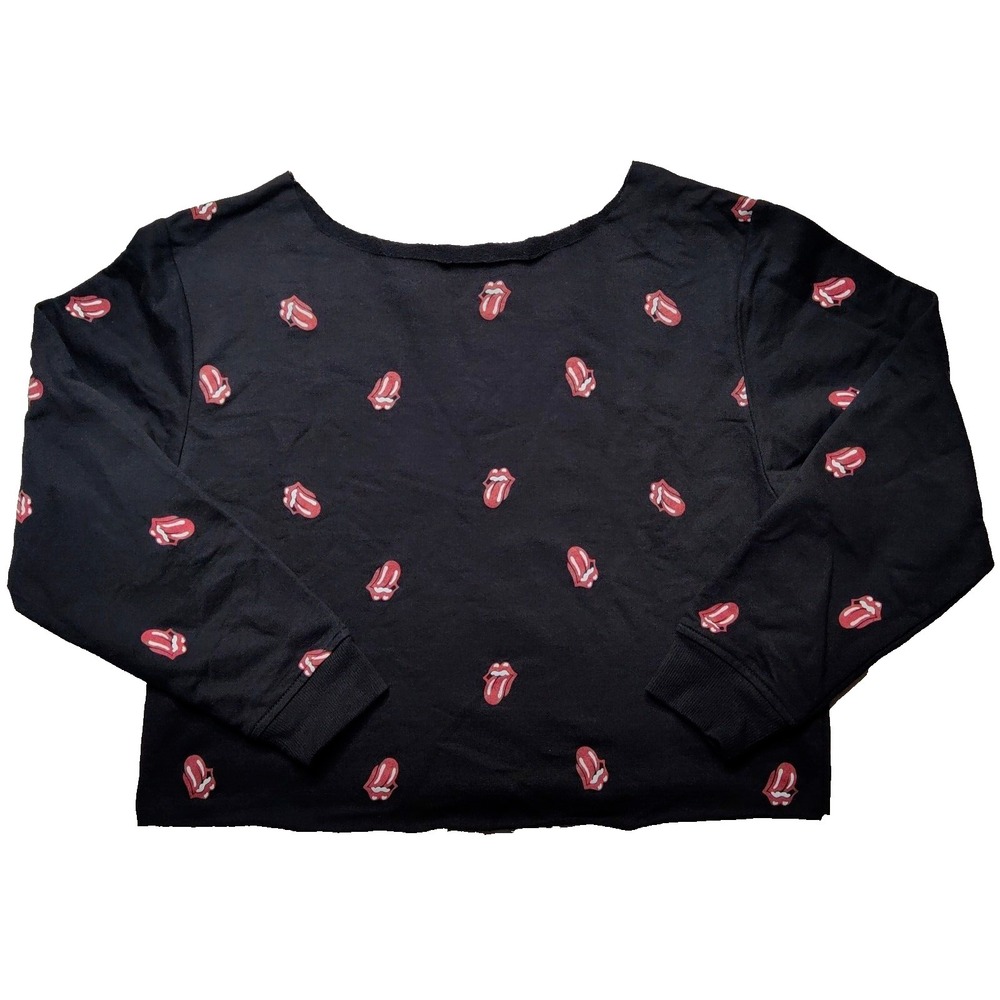 The Rolling Stones Tongue Logo AOP Black Raw Hem Cropped Shirt -Women Medium NEW